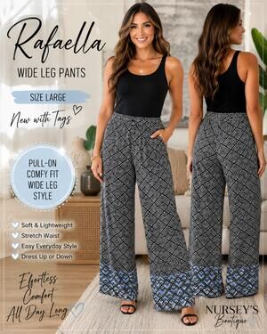 Rafaella NWT Large Geometric Pull-On Wide Leg Palazzo Pants Black Blue